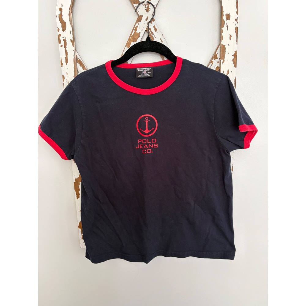 Vtg Polo Ralph Lauren Anchor‎ Logo  Navy Red Ringer Tee Size M/L Y2K 90's